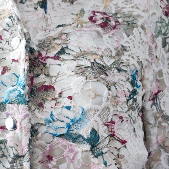 Romantic Nanette Lepore Designer Off-White Lace Floral Snap Front Jacket Sz S - Picture 4 of 7